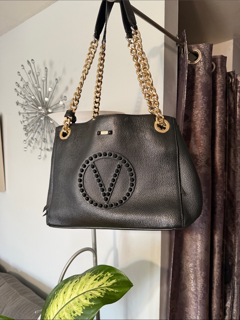 Black Leather Shoulder Tote with Gold Chain Handles